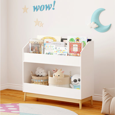 Book Display Shelf With Storage, Wooden Bookcase Organizer For Bedroom Or Playroom
