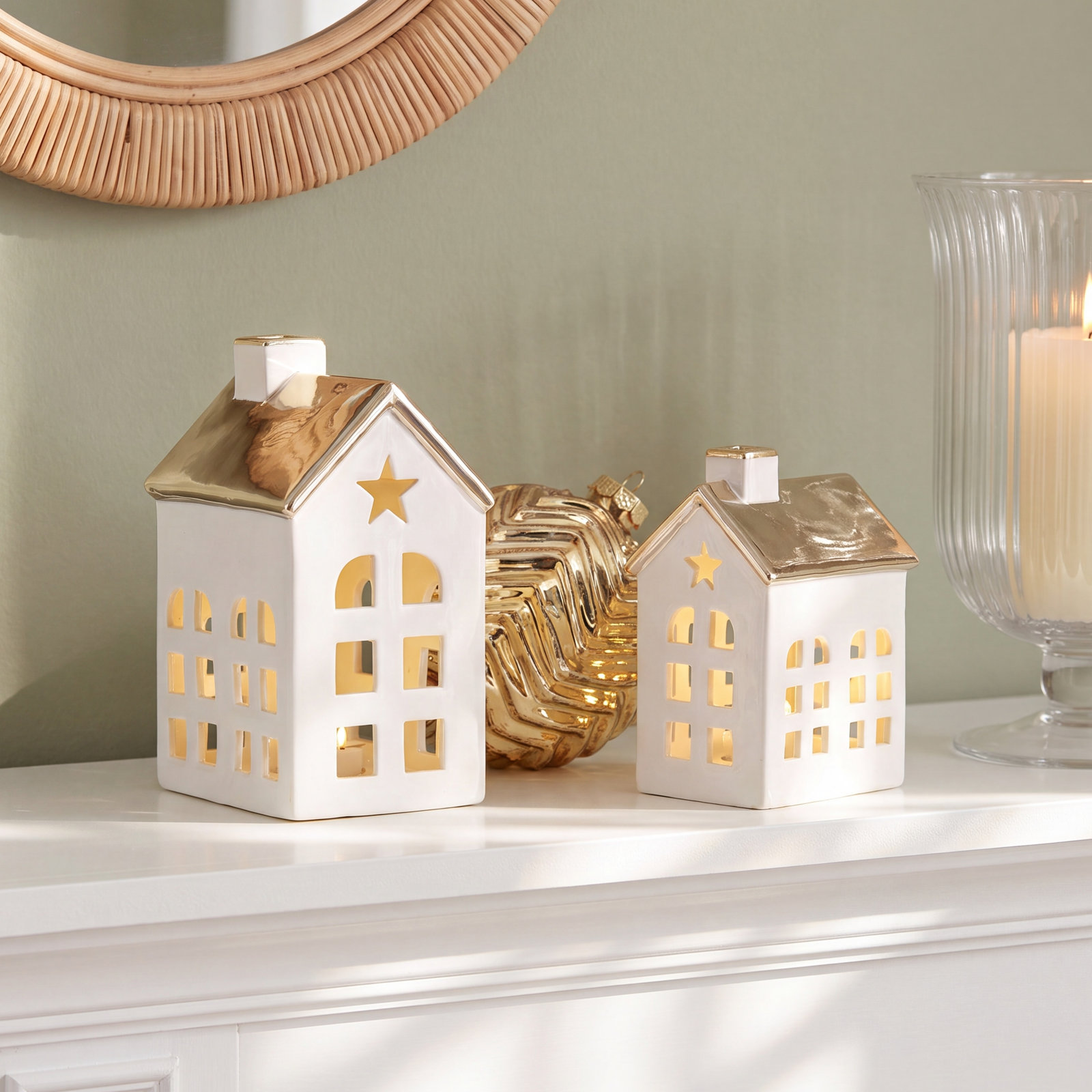 2-Piece Lighted Porcelain Village House Set, 5.5" H x 4" W x 3" D, Gold/White