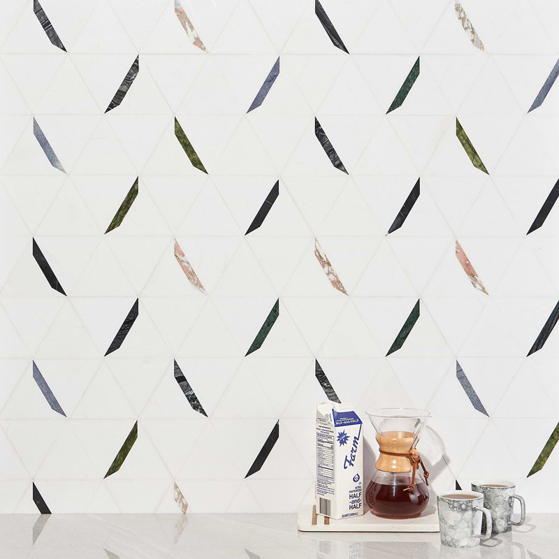 Tres 5x6 Triangle Polished Waterjet Marble Mosaic Tile, Thassos Gem