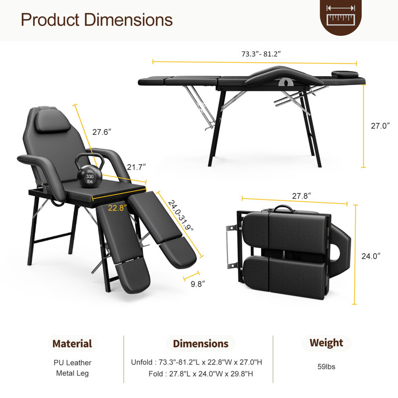 Fold/Portable Beauty Bed Adjustable 3 Section Massage Table Split Legged Folding Massage Chair with Storage Bag,Black