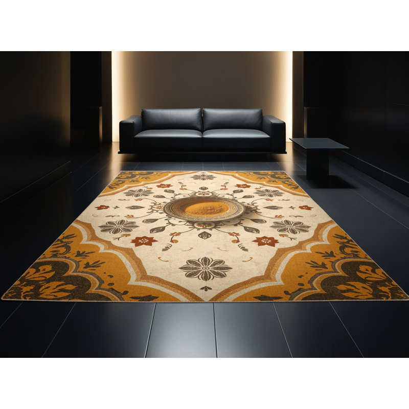 Machine Washable Easton Curry Dish Global Inspired Block Print Rug in Brown – Beige Binding, 2x3