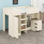 Structure de lit en bois avec garde-robe intégrée, bureau, tablettes de rangement et tiroirs-131273575