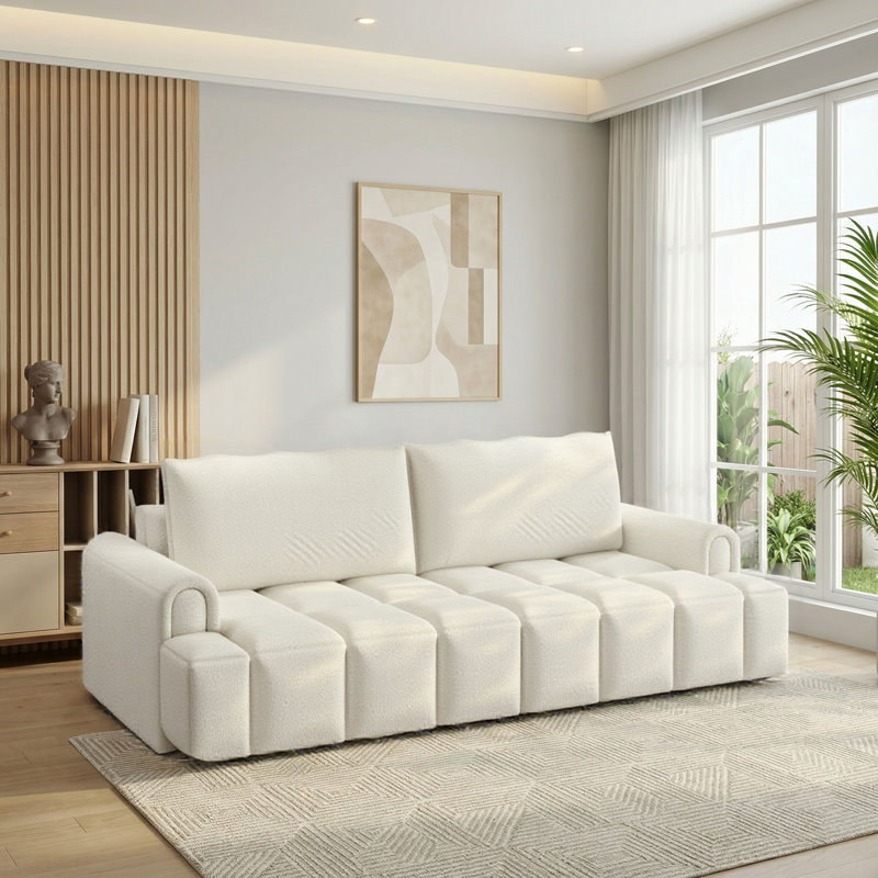 90"King Size 3-in-1 Convertible Sleeper Sofa Bed with Storage Chaise, Teddy Fabric, White