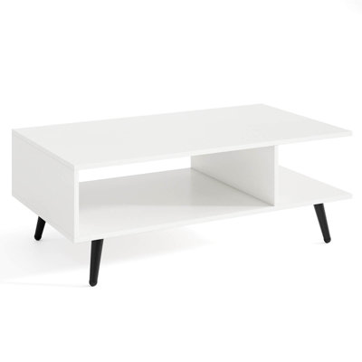 Table basse à 2 niveaux avec compartiments et pieds en métal Table basse rectangulaire blanche et noire