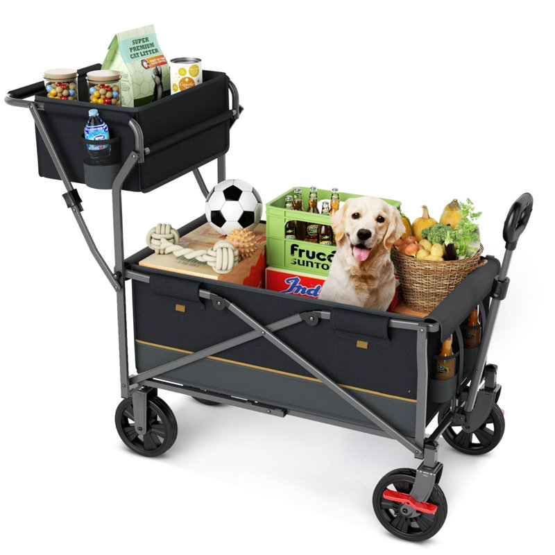 Festival & Camping Heavy Duty Foldable Trolley With Removable Shopping Basket, Push/Pull Utility Cart With Cup Holders & Side Pockets, 120KG Capacity Beach/Garden Wagon, Black