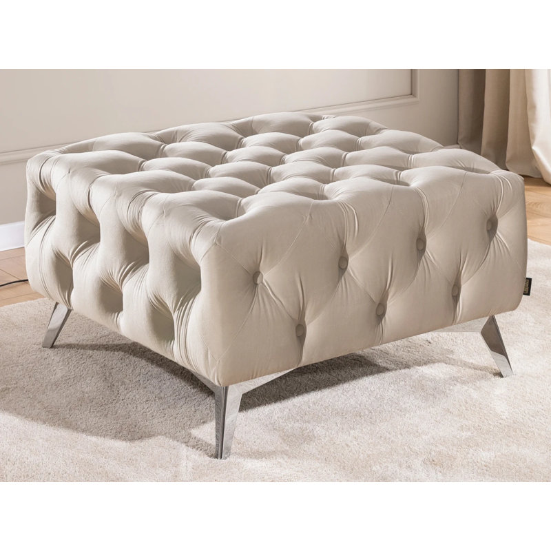 Whitby 80cm Wide Velvet Tufted Square No Pattern Footstool Ottoman, Beige, Chrome