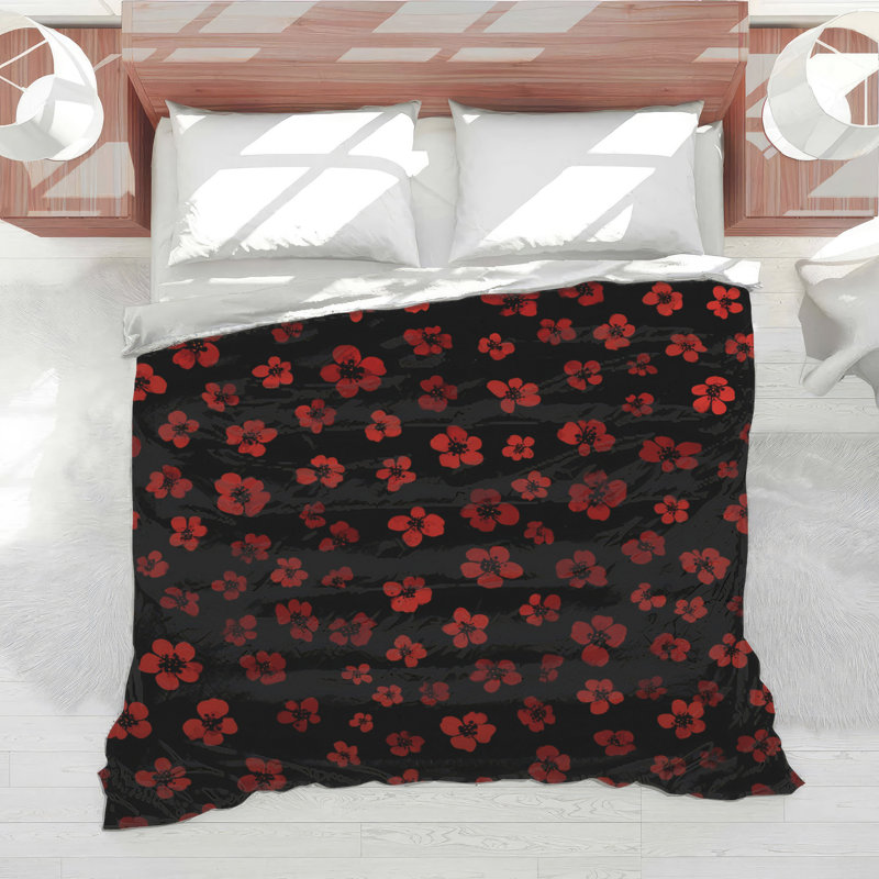 Édredon floral avec fleurs, Édredon simple, Motif floral noir / rouge
