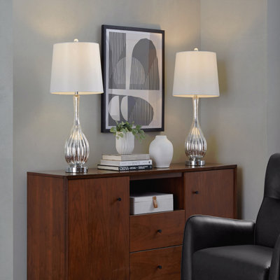 Glass Table Lamp In Silver Crackle Glass And Chrome Metal With White Linen Shade - Set Of 2