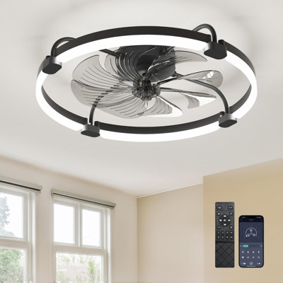 24'' Low Profile Ceiling Fans With Lights And Remote, Fandelier Ceiling Fan Flush Mount, APP Control, 6 Speed & 3000K-6500K Stepless Dimmable Small Ceiling Fan With Light For Bedroom - Black