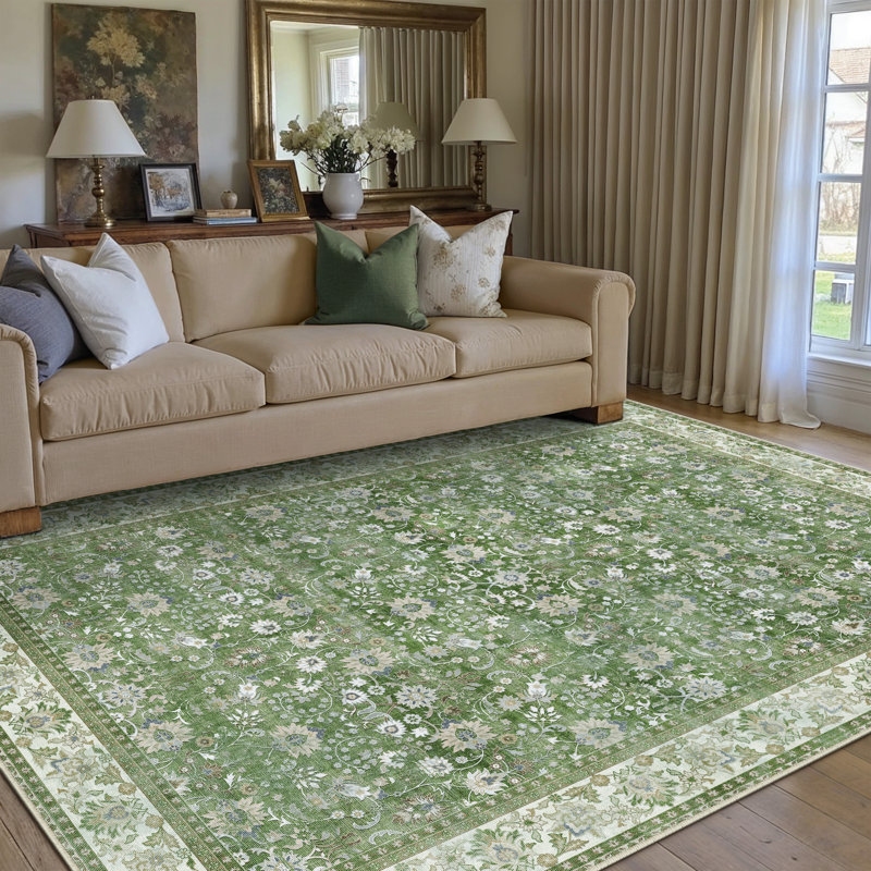  Tapis oriental lavable à la machine avec envers antidérapant Kitty, Vert clair, Rectangle 5 pi x 7 pi