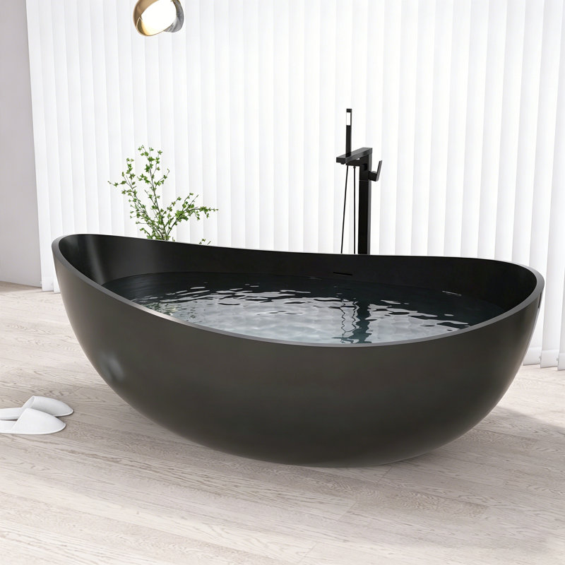 Baignoire de trempage autoportante à surface solide de 70,8 pouces avec bonde, Matte Black