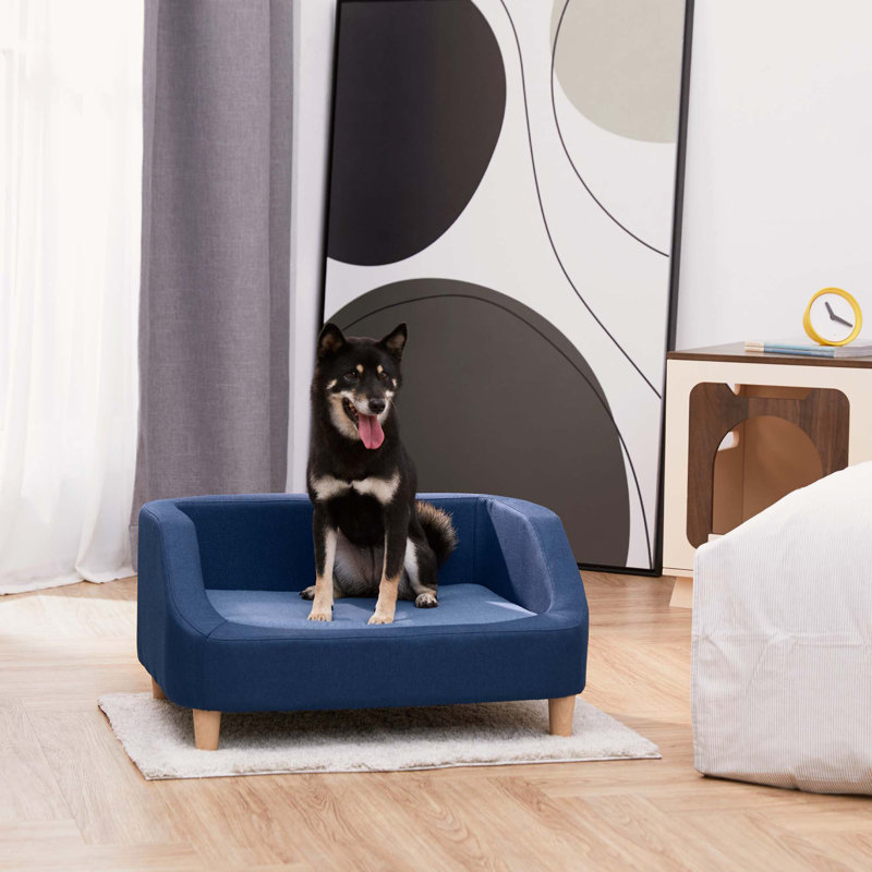 Small Navy Linen Upholstered Elevated Pet Sofa