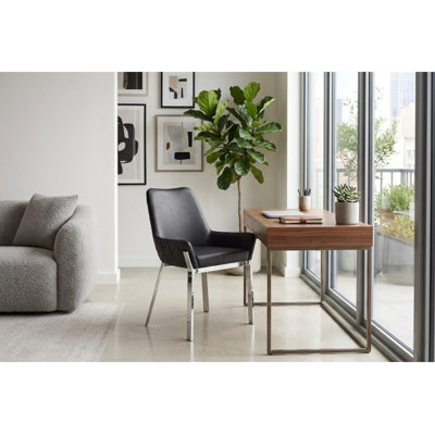 Pangea Home Hudson Tufted Upholstered Arm Chair - Dining Chairs Set of 2 – Modern Upholstered Accent Chairs for Kitchen, Dining Room, Living, or Breakfast - Vegan Black Leather with Silver Legs