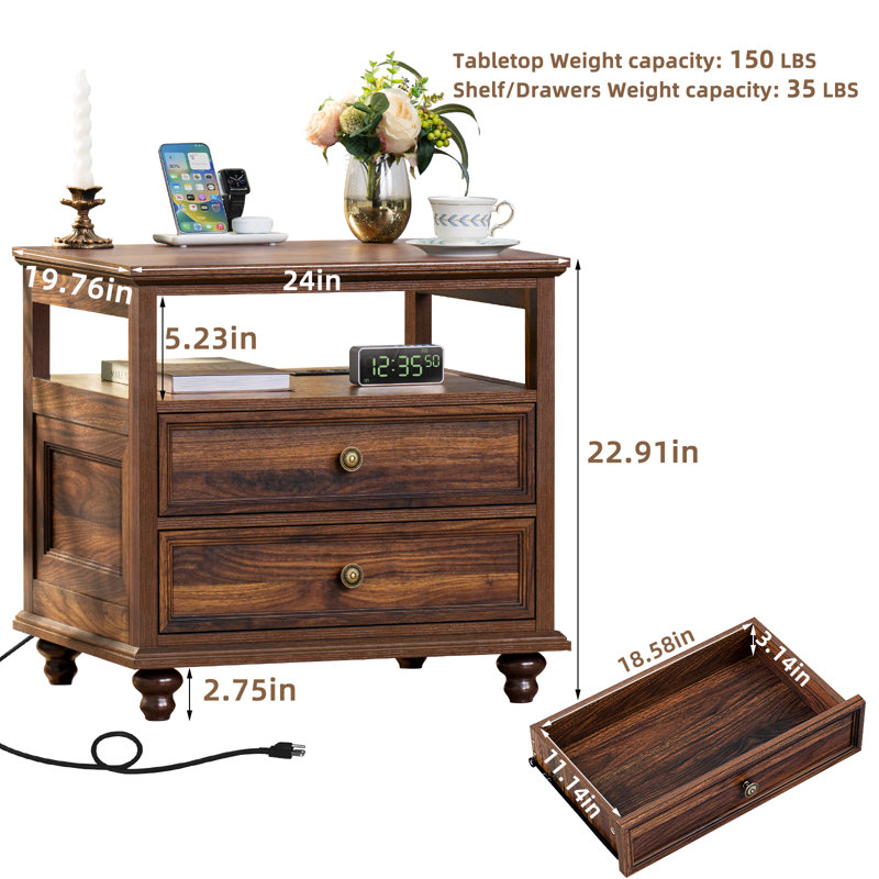 Farmhouse Nightstand, 24" Wide End Table With 2 Drawers, Dresser For Bedroom, Bed Side Table Chest Of Drawers Cabinet,Wood Night Stand For Living Room, Closet