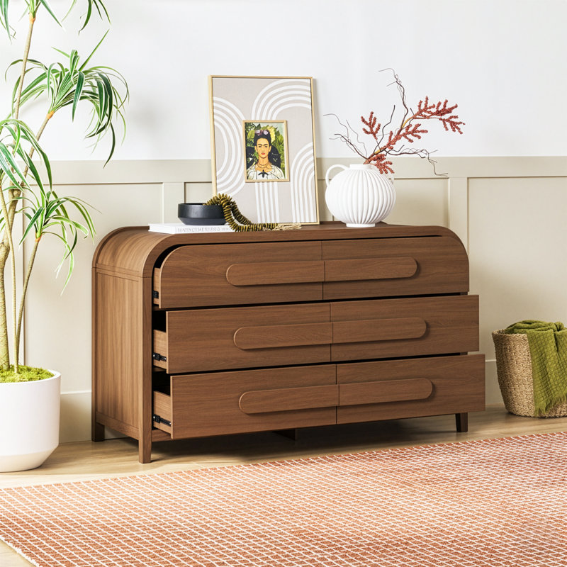 Modern Curved Waterfall Wood 6 Drawer Dresser, Medium Brown Oak