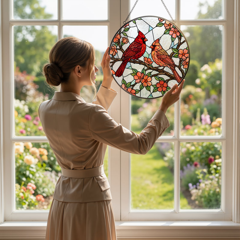 7.8"H Cardinal Birds Stained Glass Window Panel, 7.8" H x 7.8" W