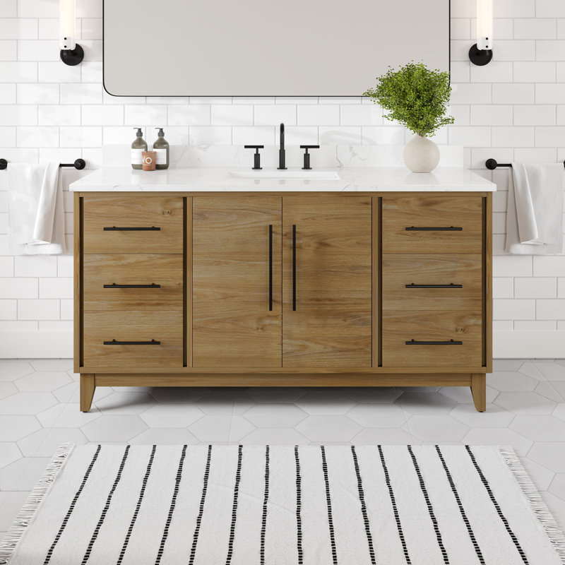 Burtch 60"W X 22"D Oak Bathroom Vanity With White Arabescato Engineered Stone Countertop And Undermount Ceramic Sink