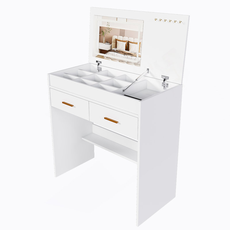 Flip Top Vanity Desk With LED Lighted Mirror & Built-In Outlet - Makeup Vanity Table With 2 Drawers, Open Storage, Hooks For Jewelry (No Stool Included, White)