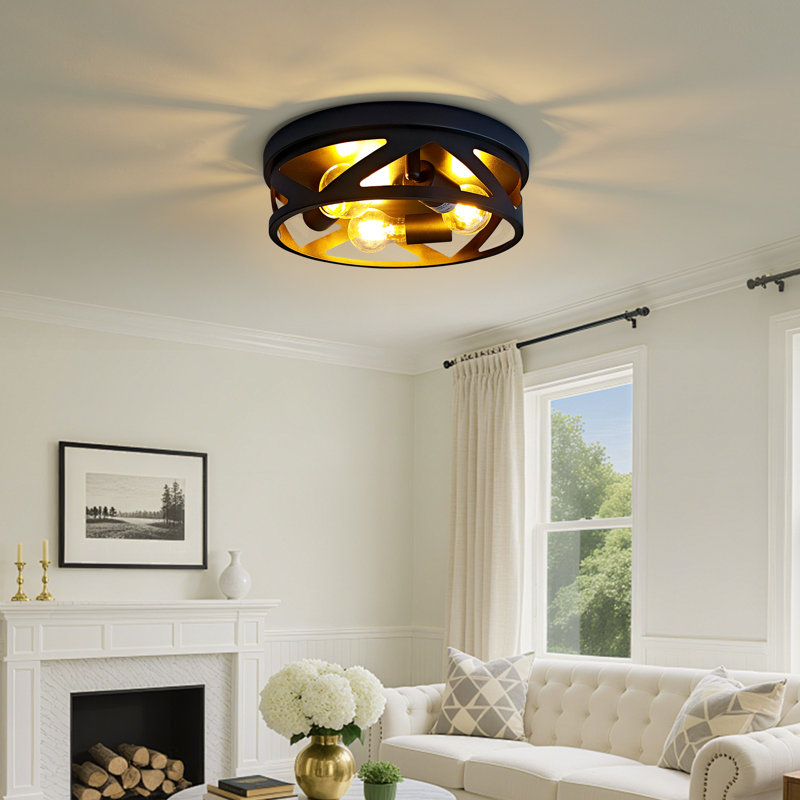 Industrial Flush Mount Ceiling Light - Matte Black Metal Ceiling Fixture For Porch & Kitchen (12.6in), 3 Lights