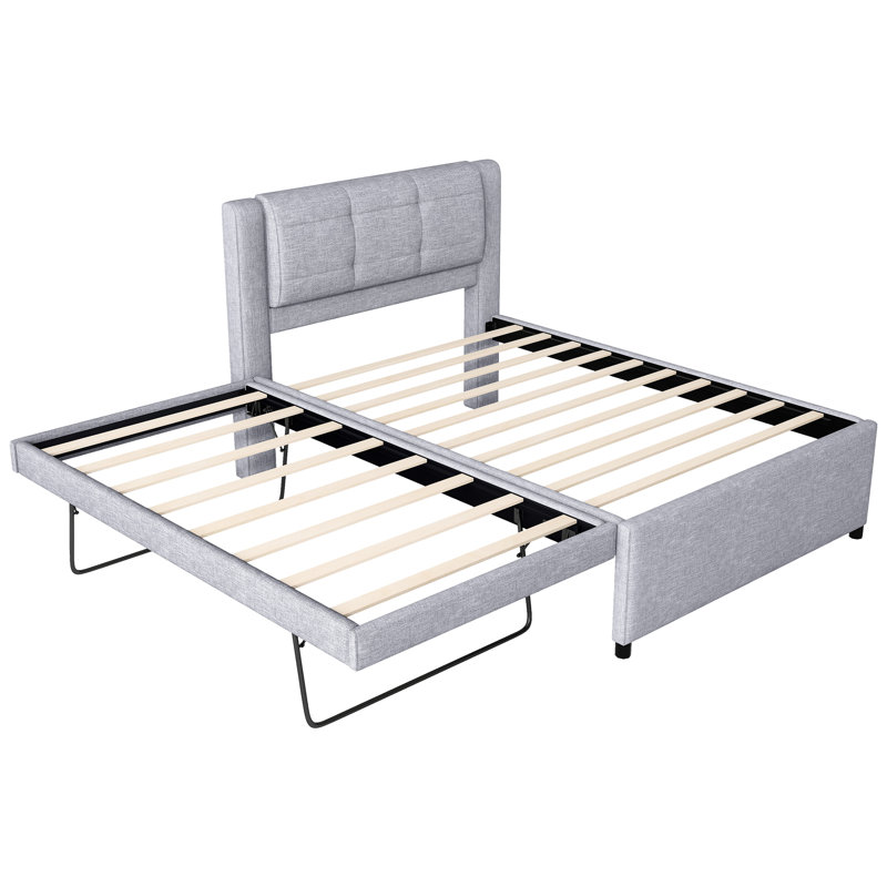 Lit plateforme gris avec lit gigogne flexible - Lit gigogne double de grande qualité. Fabrication en bois de pin. Pas de sommier tapissier. Lin confort
