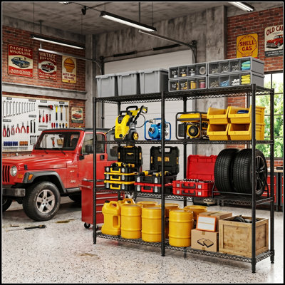Tablettes de rangement robustes en métal à 4 niveaux, réglables et polyvalentes pour le garage, le garde-manger et la cuisine, capacité de 1200 lb, noir