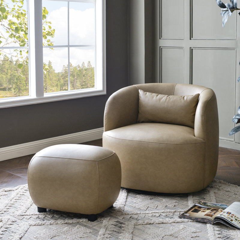 Faux Leather Upholstered Swivel Armchair With Ottoman, Khaki