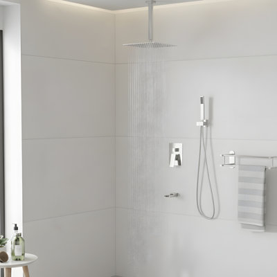 Système de douche carré de 16 pouces avec douchette cascade et douchette à fixation au plafond