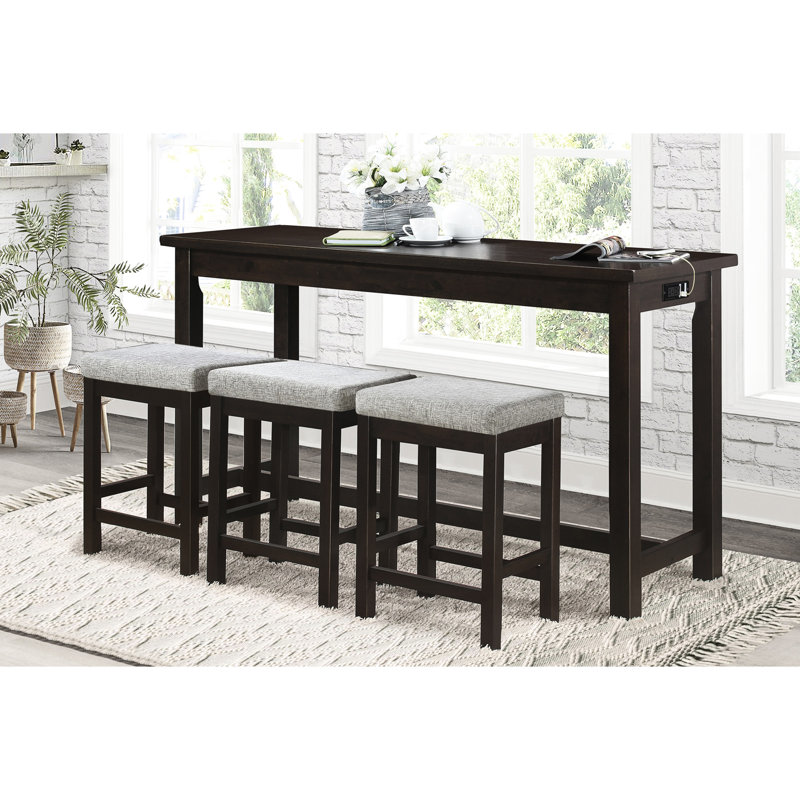 Counter Height Dining Table - 4pc With 3 Stools Ports & Storage Drawer Power Outlets Upholstery, Espresso
