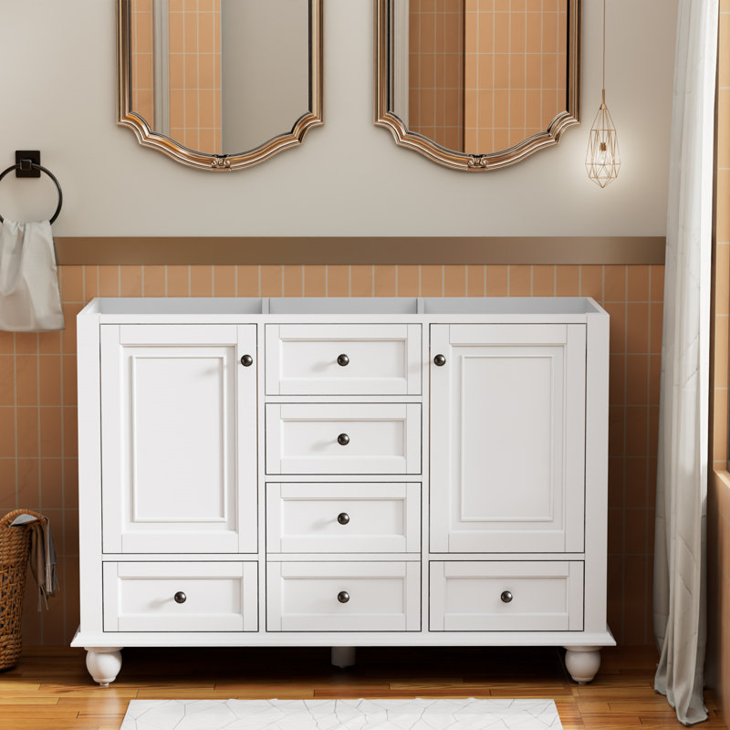 Base de meuble-lavabo double 48 po seulement, surface peinte, portes à fermeture douce, Blanc