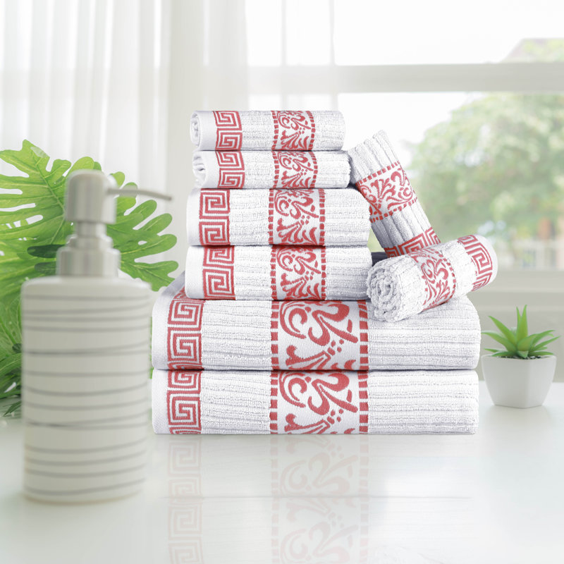 Athens 100% Cotton Medium Weight Floral Border 8-Piece Towel Set, White/Coral