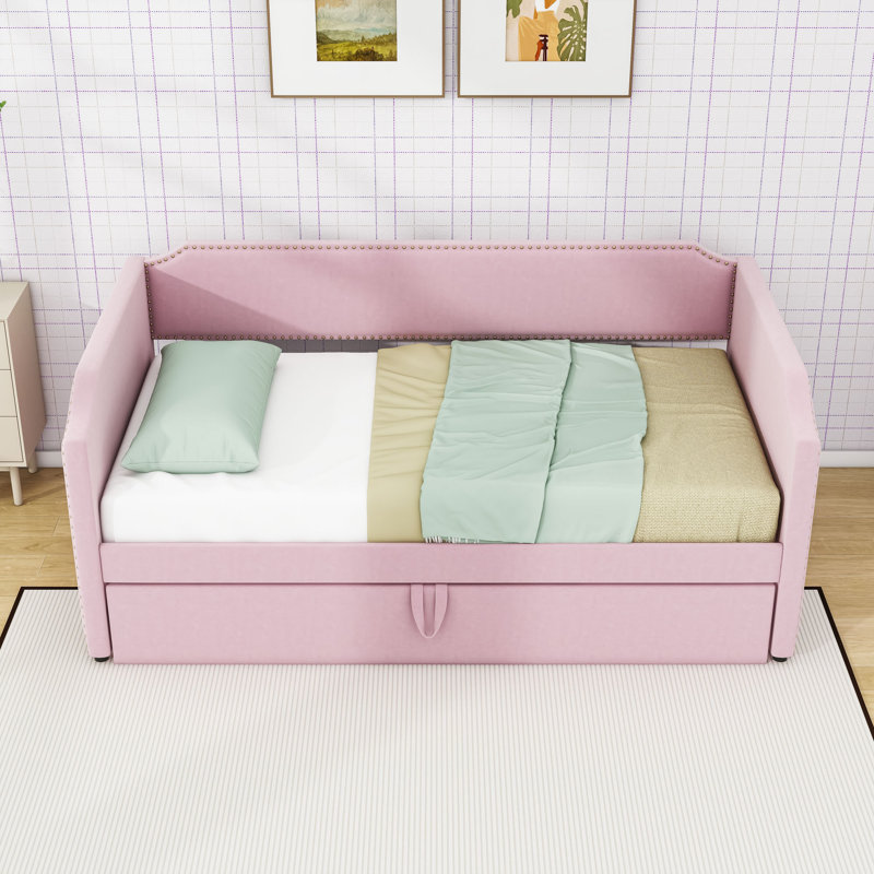 Twin Upholstered Daybed with Pop Up Trundle, Pink