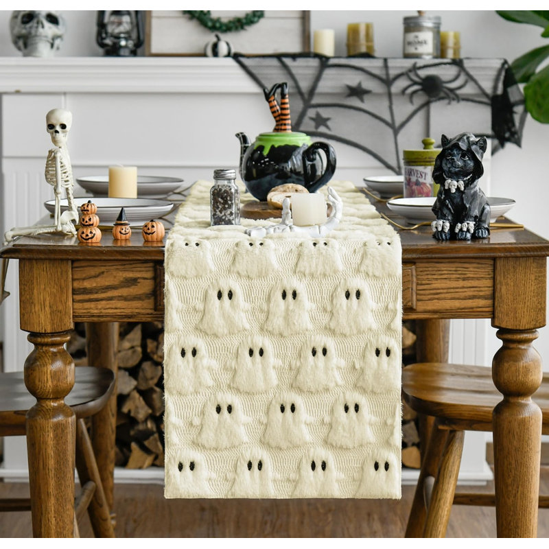 Soft Faux Fur Beige Ghost Halloween Table Runner 33x153 cm | Seasonal Plush Fall Kitchen Dining Table Decoration for Home Party Decor