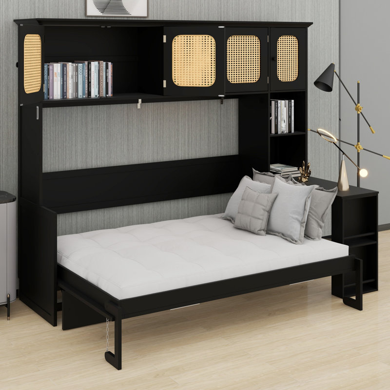 Bureau à lit escamotable contemporain et armoires de rangement en rotin, Noir