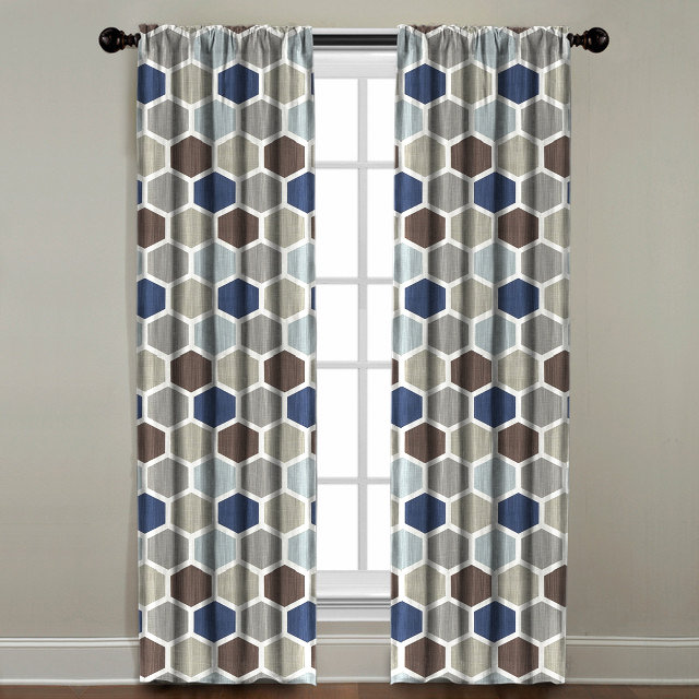  Panneau de rideau simple obscurcissant à motif géométrique en coton avec passe-tringle, l 50 po x L 120 po, Bleu/brun