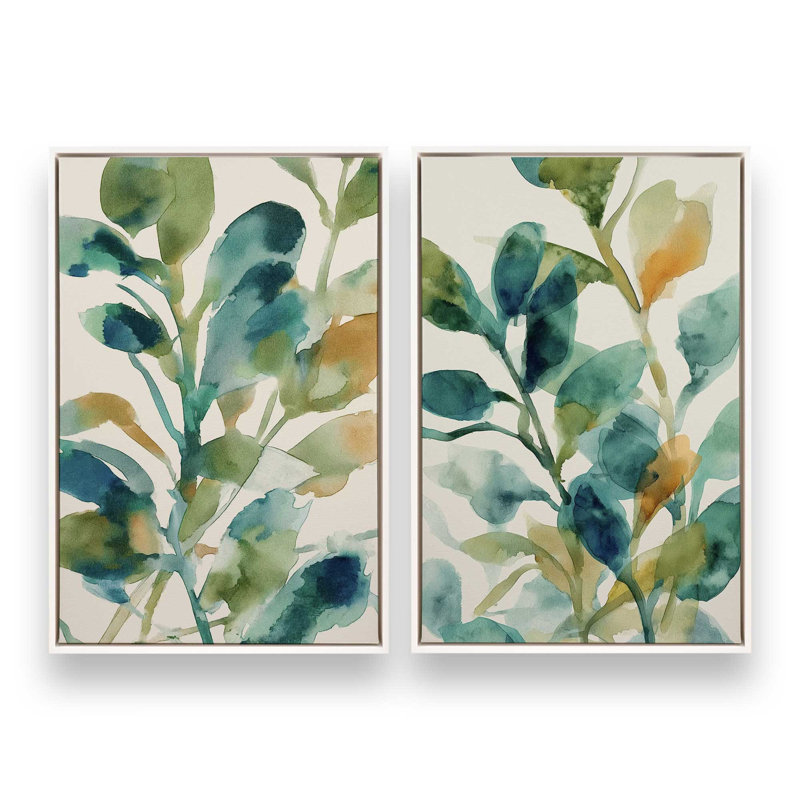 «Verdant Watercolor Bloom», ensemble de 2 impressions, Opaque White Floater Frame, 36 po x 24 po