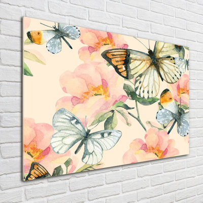 Butterflies And Flowers - No Frame Print on Glass
