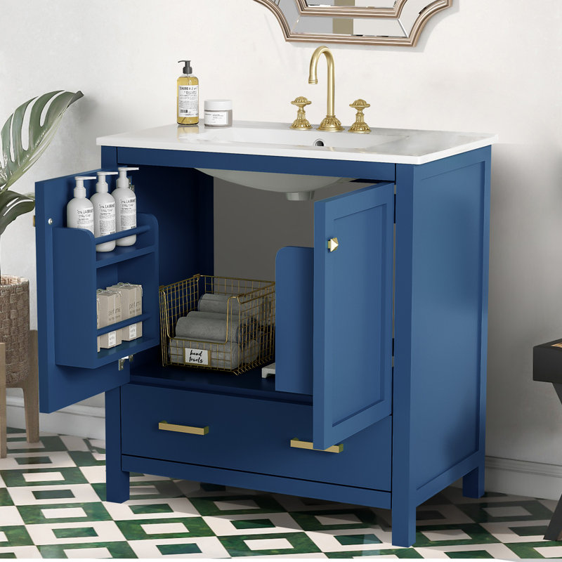 Meuble-lavabo de salle de bain avec lavabo en céramique avec portes et tiroir, Bleu