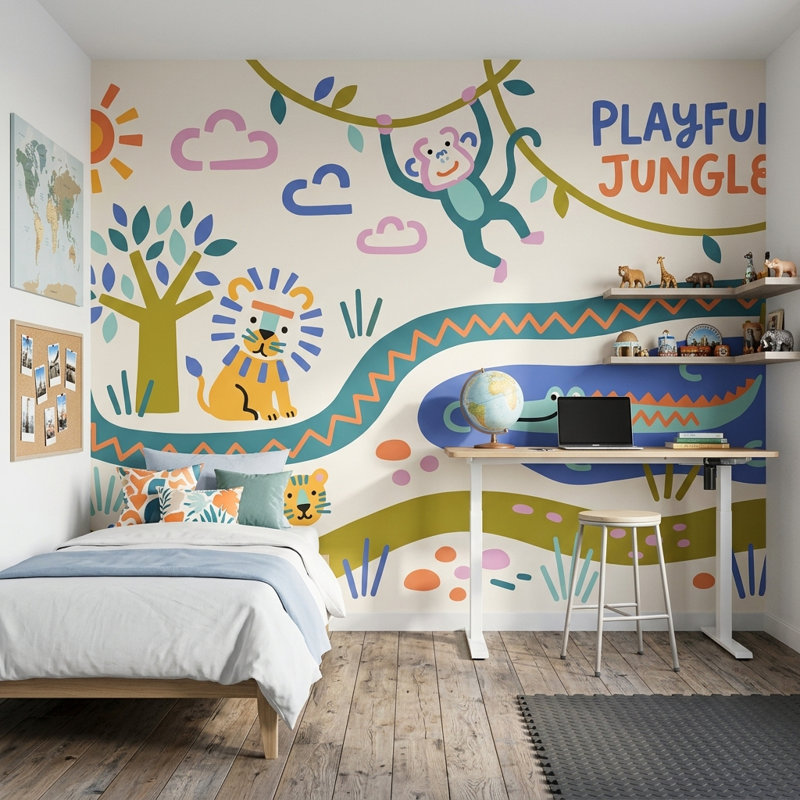 Décoration murale amovible fond blanc Jungle Vibe, 100 po x 96 po, Non tissé