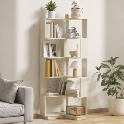 Bibliothèque de coin autoportante en forme de L à 6 niveaux pour salon, chambre à coucher, bibliothèque en bois avec panneau anti-chute et dispositif anti-basculement, étagère de rangement ouverte pour le bureau à domicile blanc
