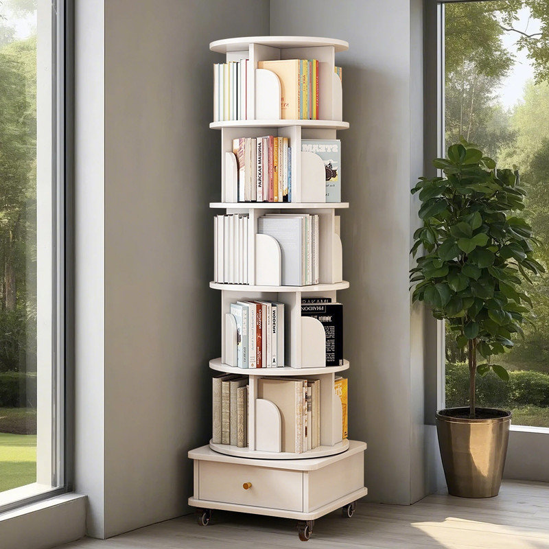 6-Tier 360° Rotating Bookshelf Tower with Storage Drawer and Lockable Wheels, White