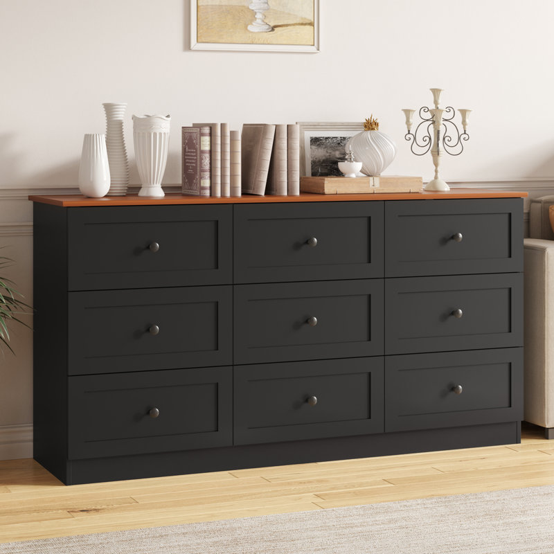9 Drawer Dresser, 59" Wide Dresser For Bedroom, Modern Large Chest Of Drawers, Tv Stand For 65 Inch, Storage Organizer With Metal Handles For Bedroom, Living Room, Hallway Black