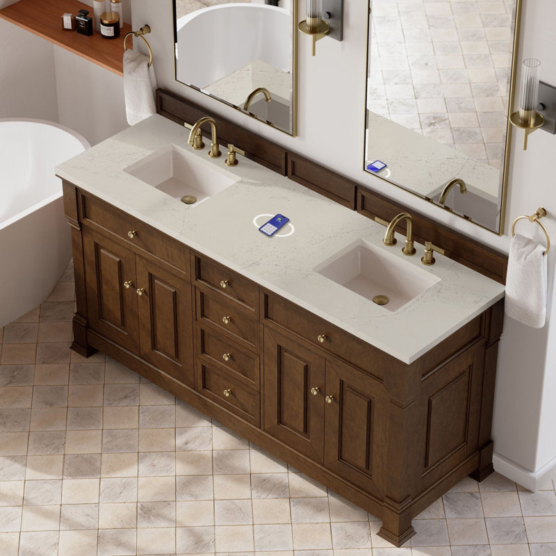 Brookfield 72"W Double Vanity W/ Freepower Wireless Charger, Honey Oak, Siberian