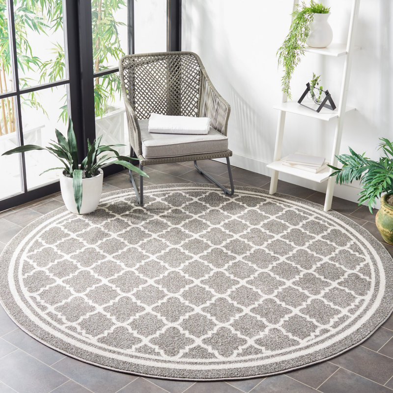 Tapis géométrique Ammundsen, Rond 7 pi, Gris foncé / beige