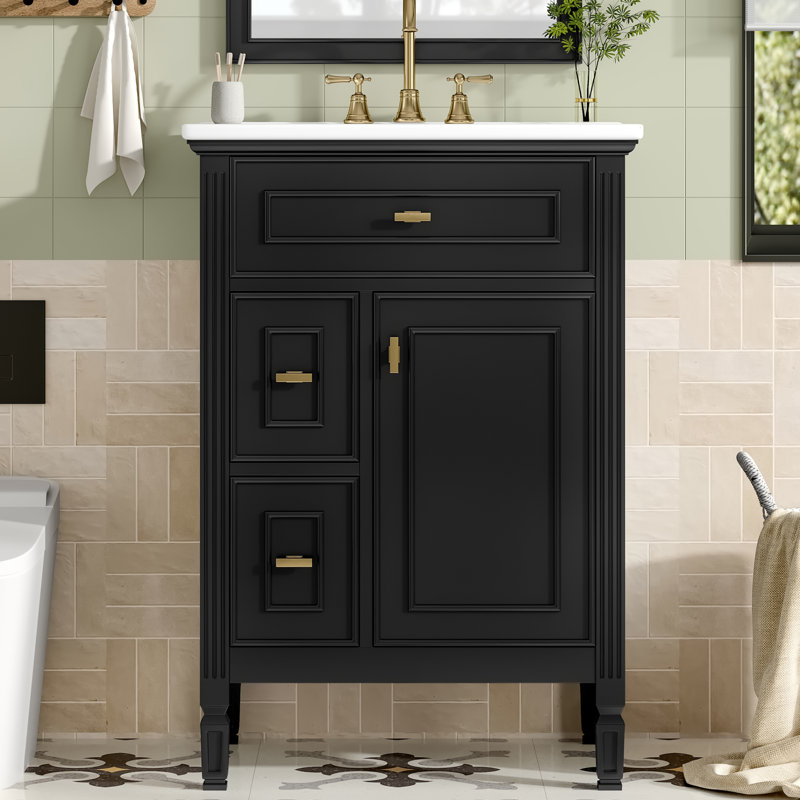 24"W Freestanding Single Vanity with Ceramic Sink Top, Drawers and An Adjustable Shelf, Black