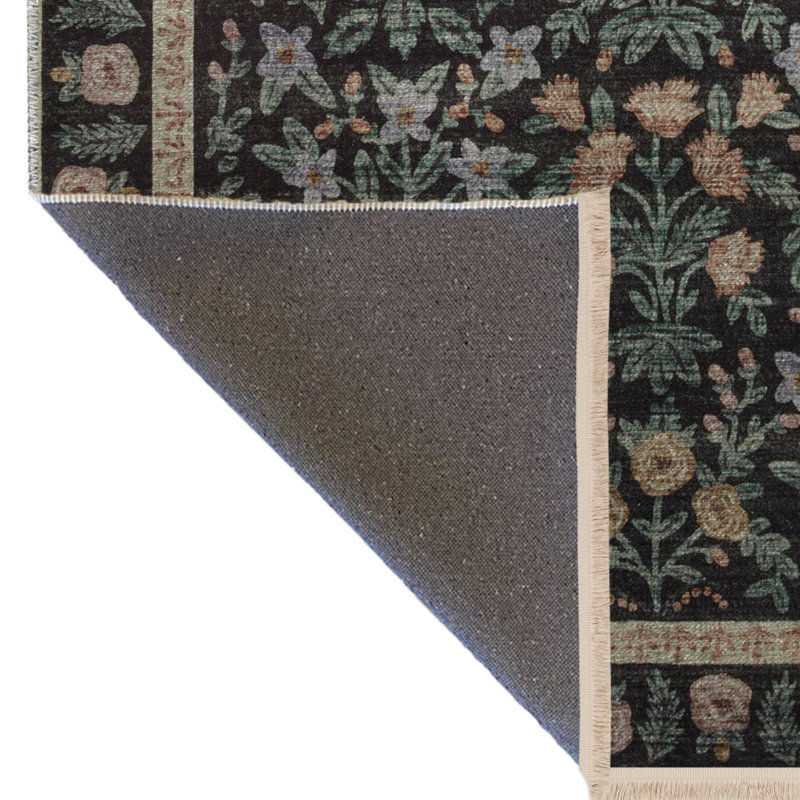 Tapis décoratif noir multicolore à motif de roses multicolores, Rectangle 2 pi 8 po x 5 pi