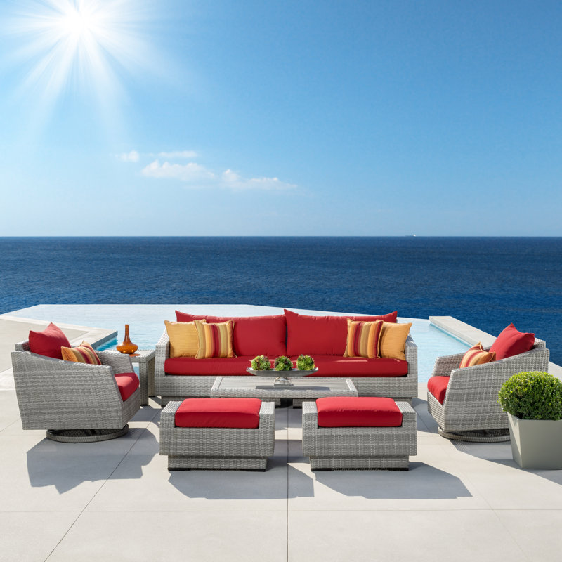 Ensemble de conversation avec canapé en rotin Fionnula et coussins Sunbrella, Toile Sunbrella® rouge Jockey