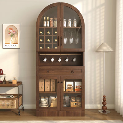 Armoire de bar 70 po de hauteur, armoire à café de style Mid-Century avec tablette réglable, 5 crochets, 9 porte-bouteilles et 3 porte-verres