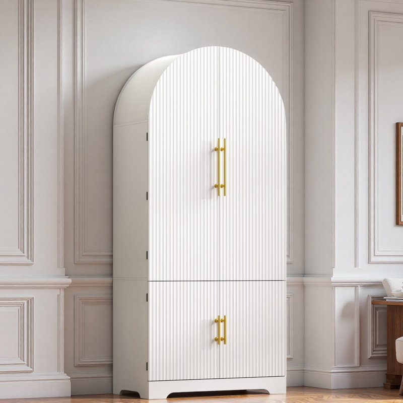 Grand garde-manger arqué avec 8 tablettes de porte, 3 tablettes réglables et un tiroir caché, Blanc