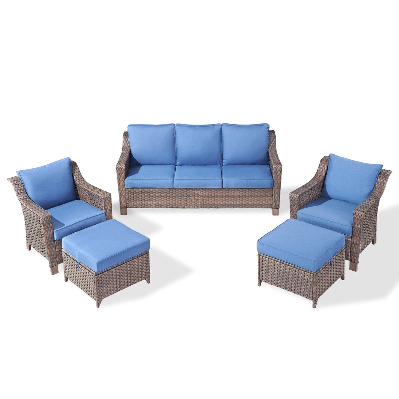 Tya Wicker Sofa Seating Group with Ottomans, Blue