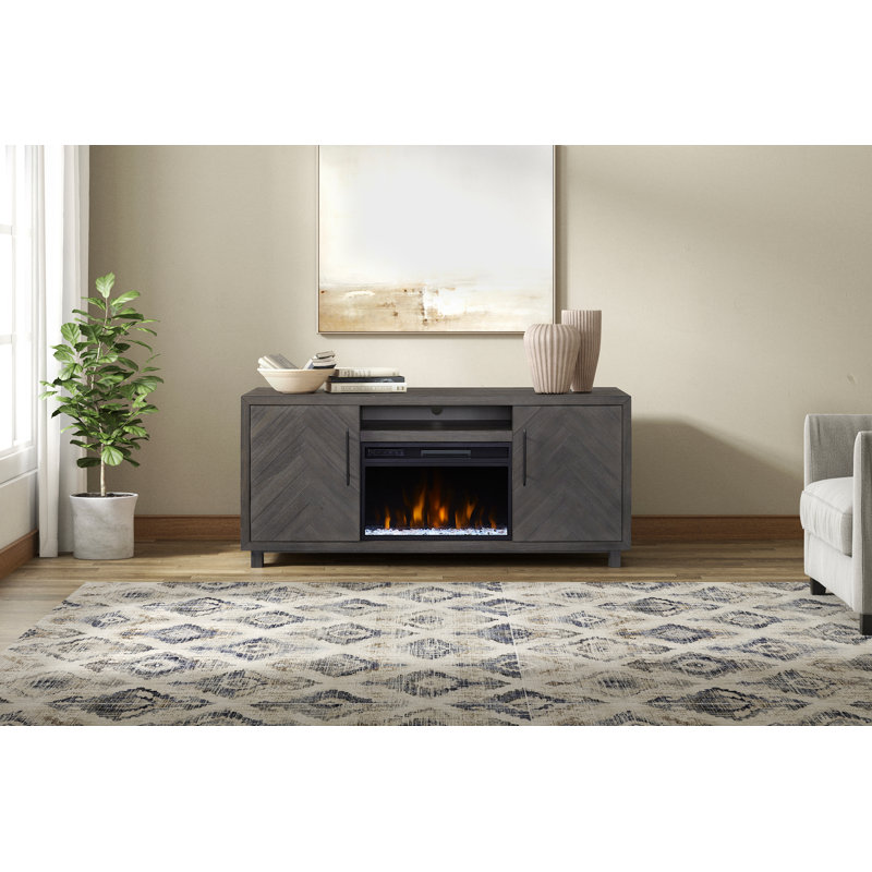Oloughlin Fireplace Console, Entertainment Storage, TV Stand, Fully Assembled, 30" H x 67" W x 15" D, Light Gray